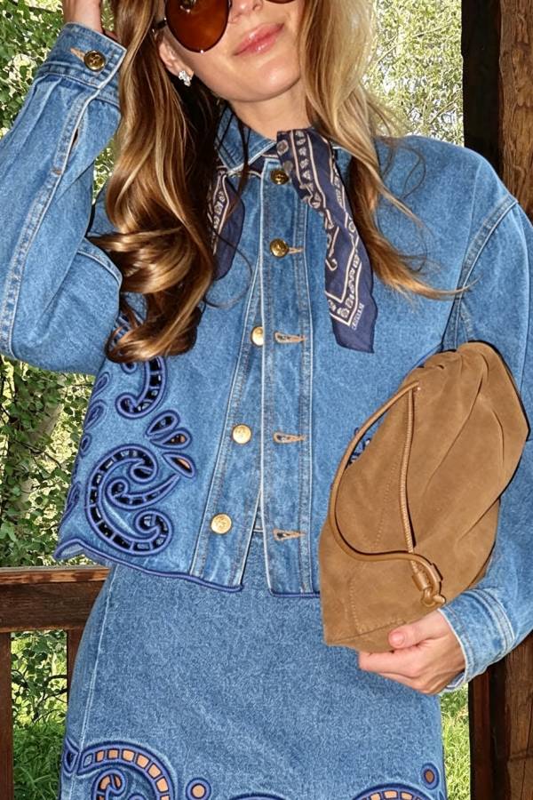 Karoline Denim Embroidered Flower Cutout Design Button Long Sleeve Jacket