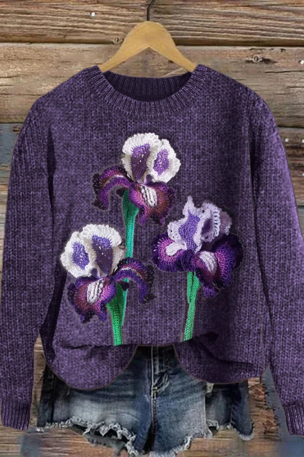 Classy Irises Crochet Art Cozy Knit Sweater