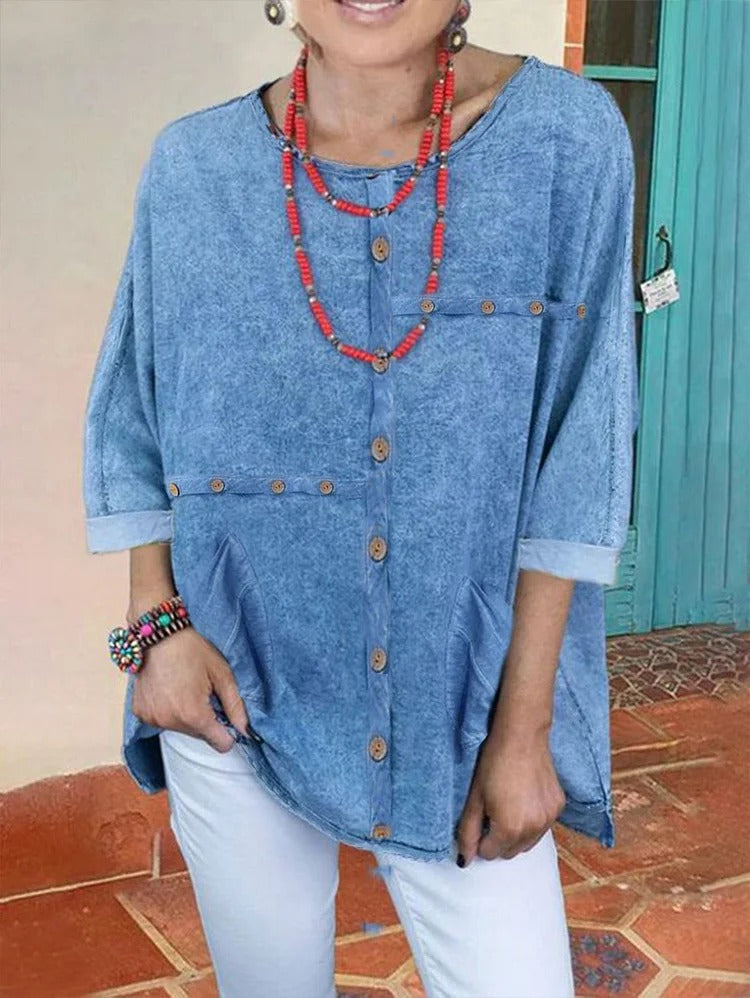 UR Casual Plain Crew Neck Half Sleeve Button Spliced Shirt