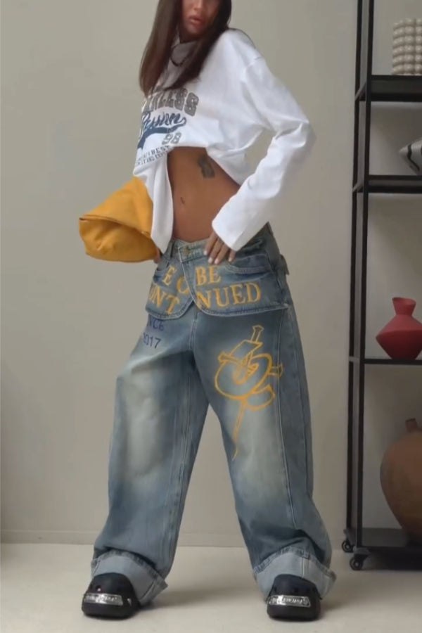 Trendy Letter‑Embroidered Fake Waistband Wide‑Leg Jeans