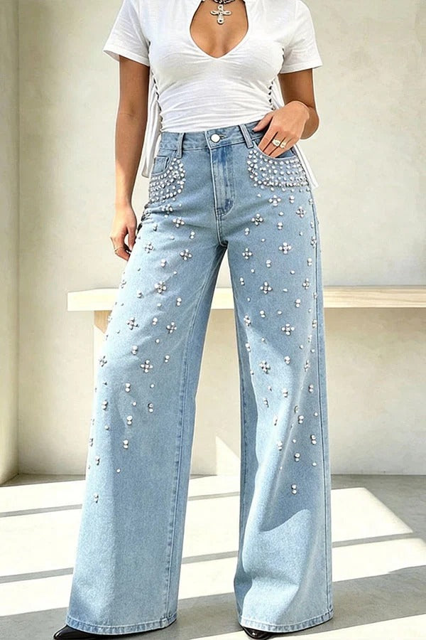 Janae Denim Pearl Beaded Detail Mid Waist Pocket Wide Leg Jeans