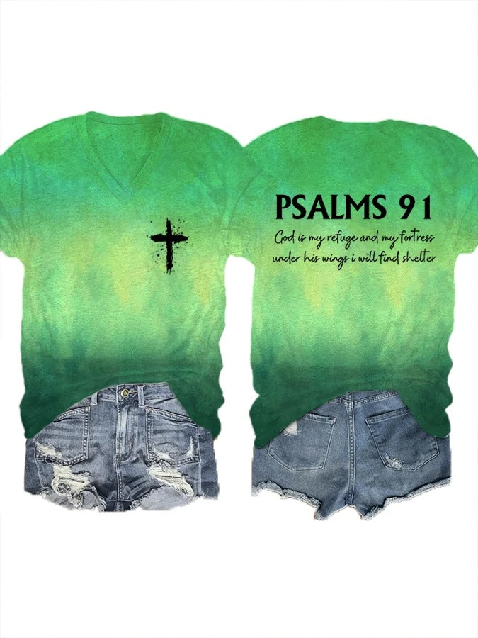 Women's Psalms 91 Bible Verse Printed V-Neck T-Shirt