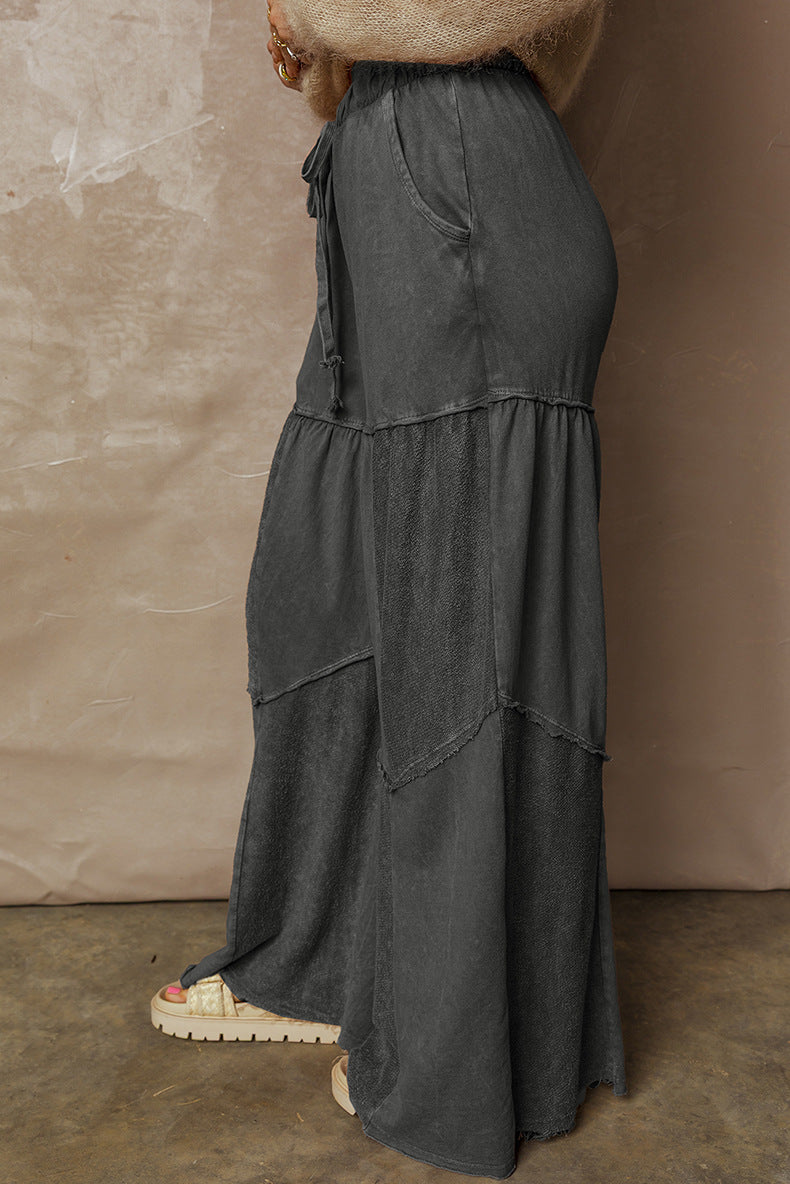 Washed Patchwork Drawstring Wide-Leg Pants