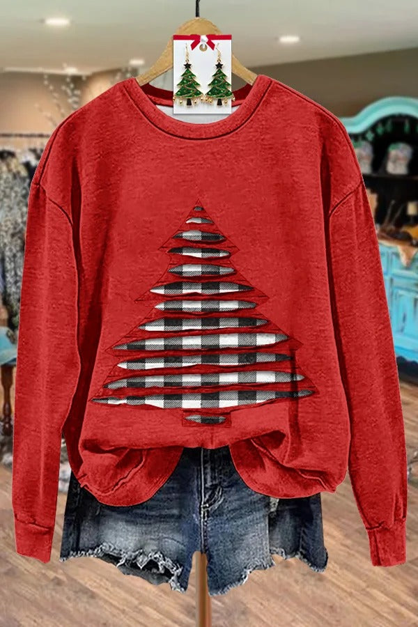 Retro Plaid Christmas Tree Applique Sweatshirt