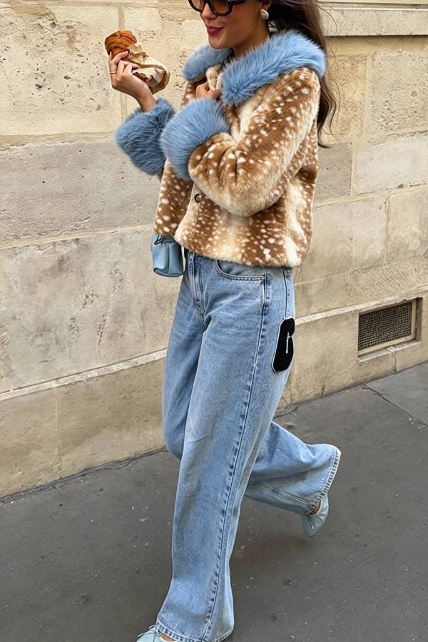Trendy Faux Fur Spotted-Print Colorblock Furry Collar Button Up Loose Coat