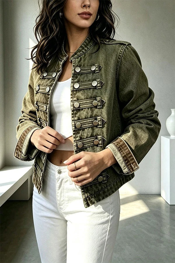 Napoleon-style Denim Stand Neck Metal Buttons Long Sleeve Jacket