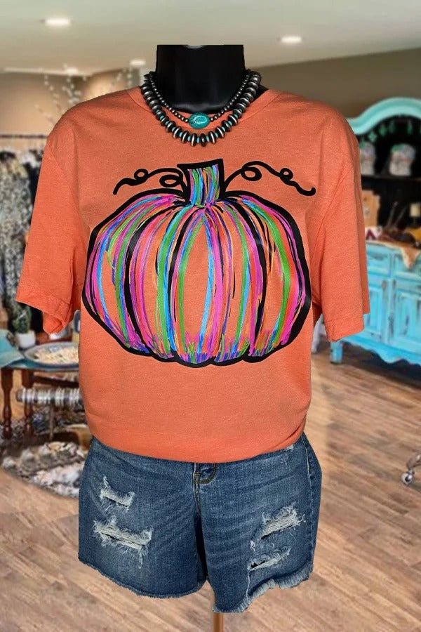 Colorful Pumpkin Print Short Sleeve Tee