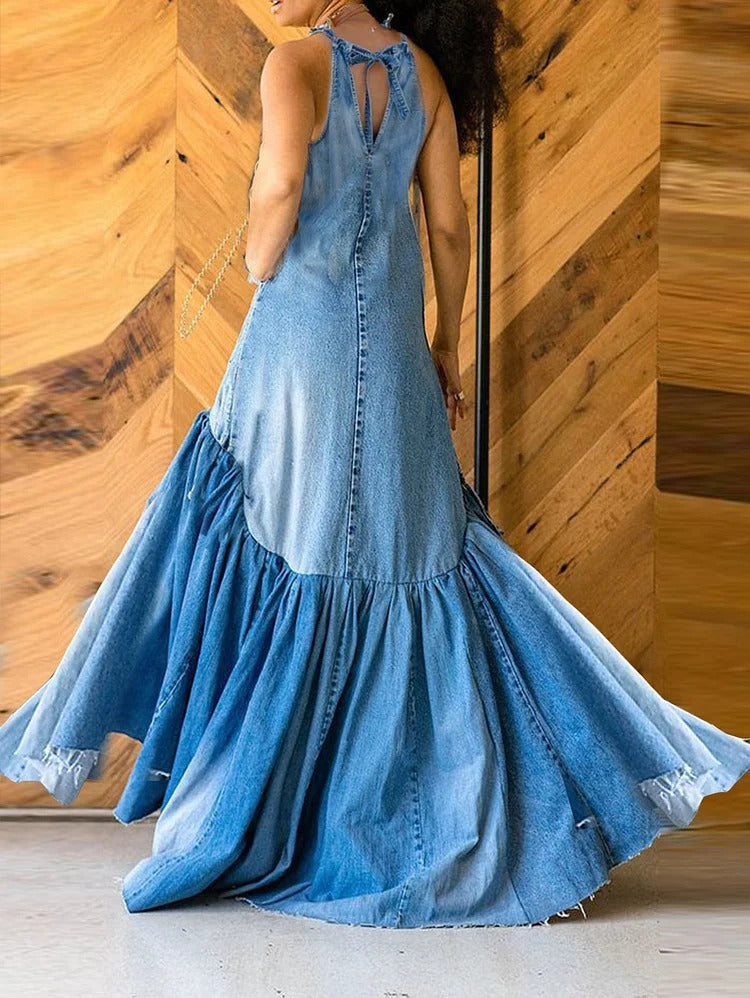 UR Fashion Ripped Denim Spliced Pleated Bow Maxi Halter Dress