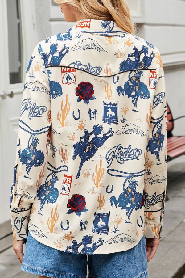 Western Cowboy Print Long Sleeve Collared Shirt