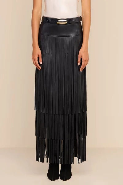 Evie Faux Leather High Rise Three-layer Tassels Stretch Maxi Skirt