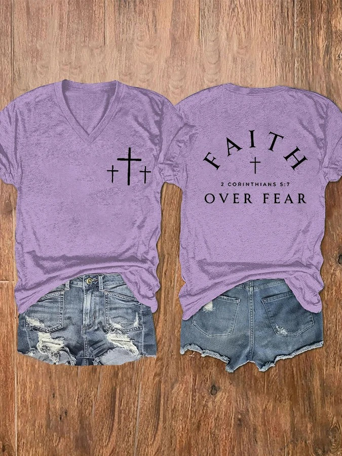 Women's Faith Over Fear Cross Print V-Neck T-Shirt