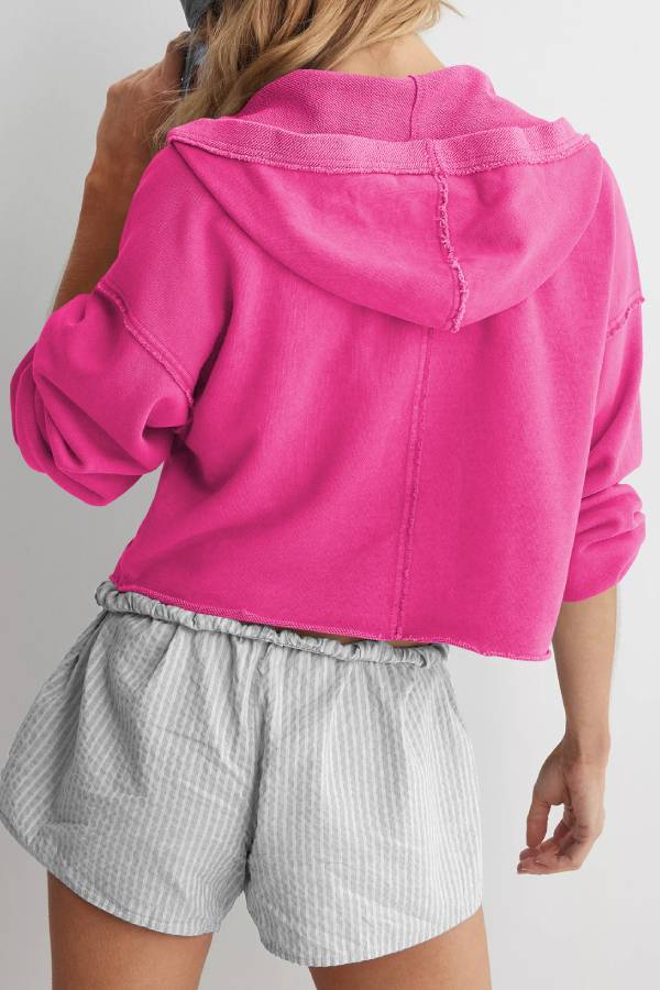 Vintage Washed Half Zip Cropped Hoodie Raw Hem Drop Shoulder Loose Casual Sweatshirt