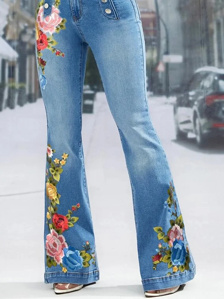 UR Daily Floral Embroidery Denim High Waist Button Design Jeans