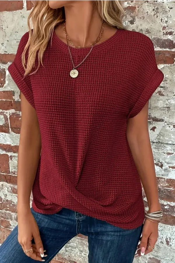 Solid Round Neck Short Sleeve Twisted Top