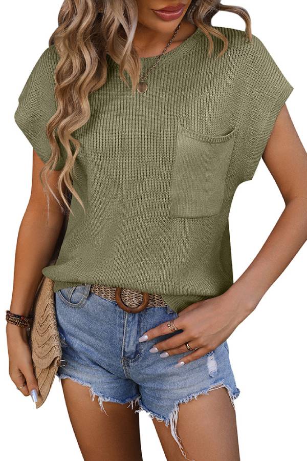 Crew Neck Pocket Batwing Short Sleeve Knit Top
