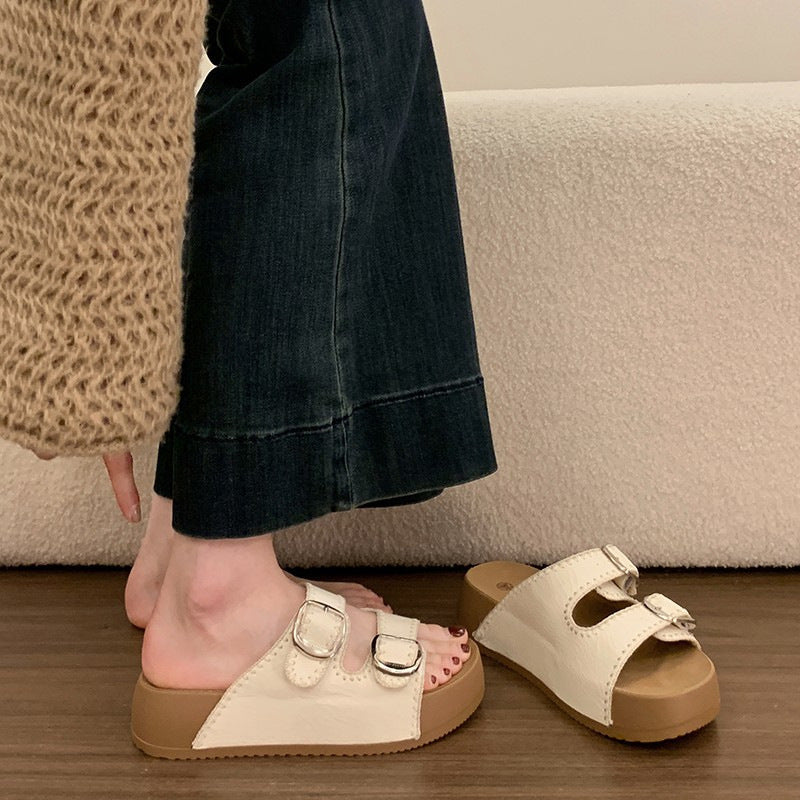 Double-Buckle Platform Slide Sandals