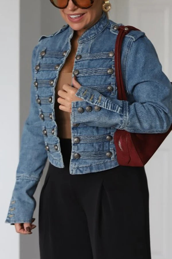 Napoleon Style Denim Stand Collar Brochure Silver Button Long Sleeve Jacket