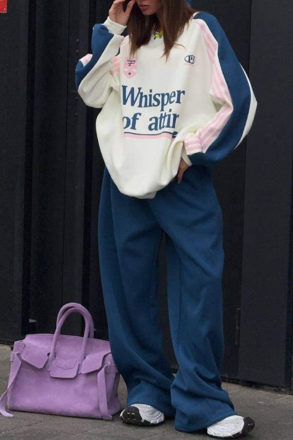 Color Block Letter Print Oversized Sweatshirt & Wide Leg Pants 2 Piece Set