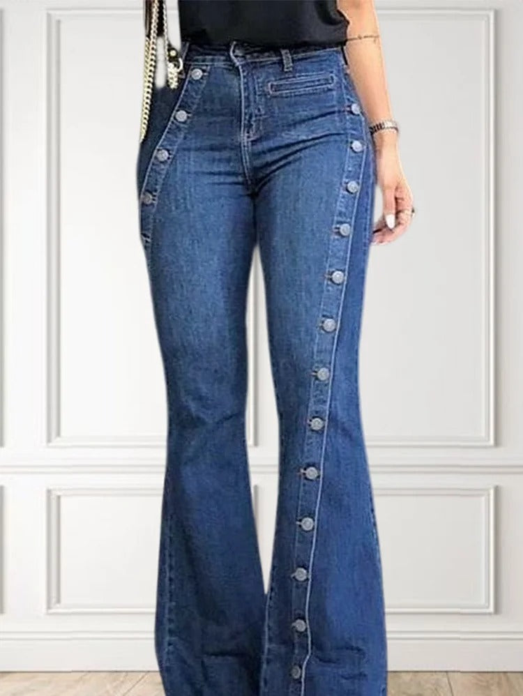 Fashion Plain Button Decor Flare Leg Long Denim Pants