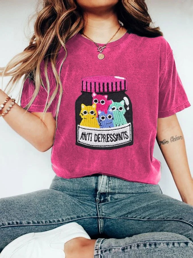 Women's Fun Cat Anti Depressants Mental Health Print T-Shirt