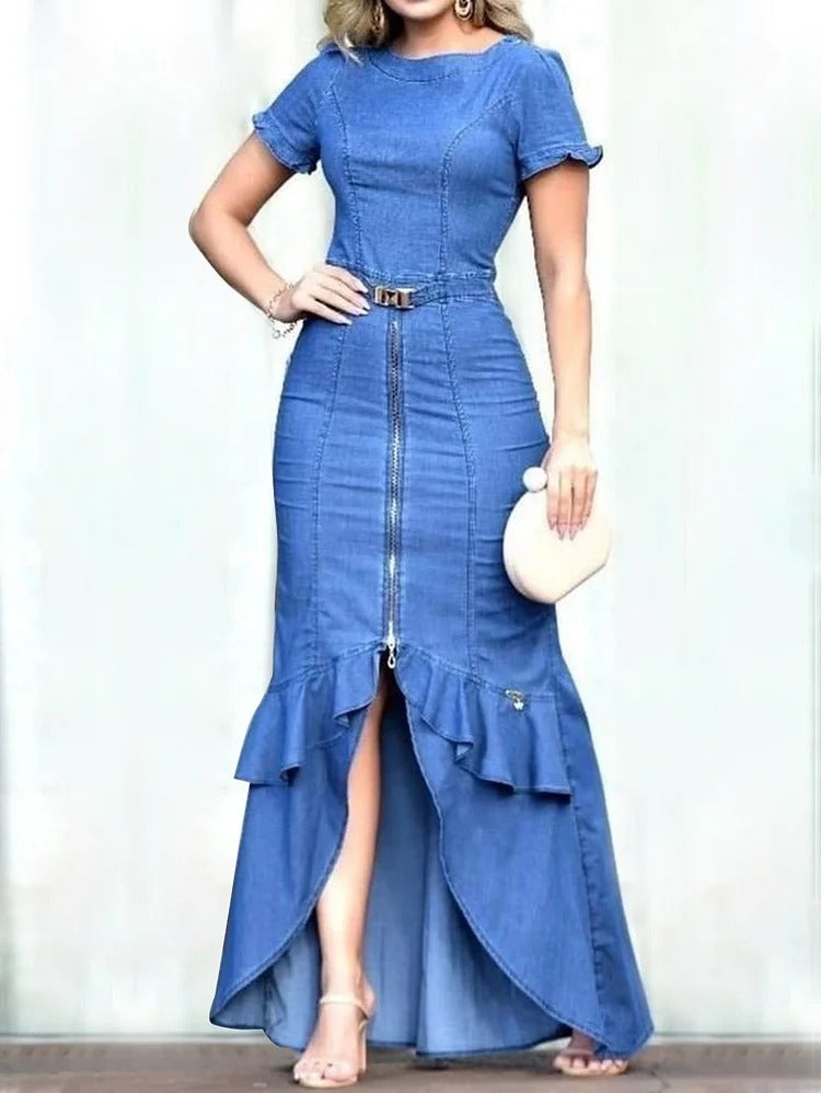 UR Fashion Plain Boat Neck Short Sleeve Tulip Hem Maxi Denim Bodycon Dress