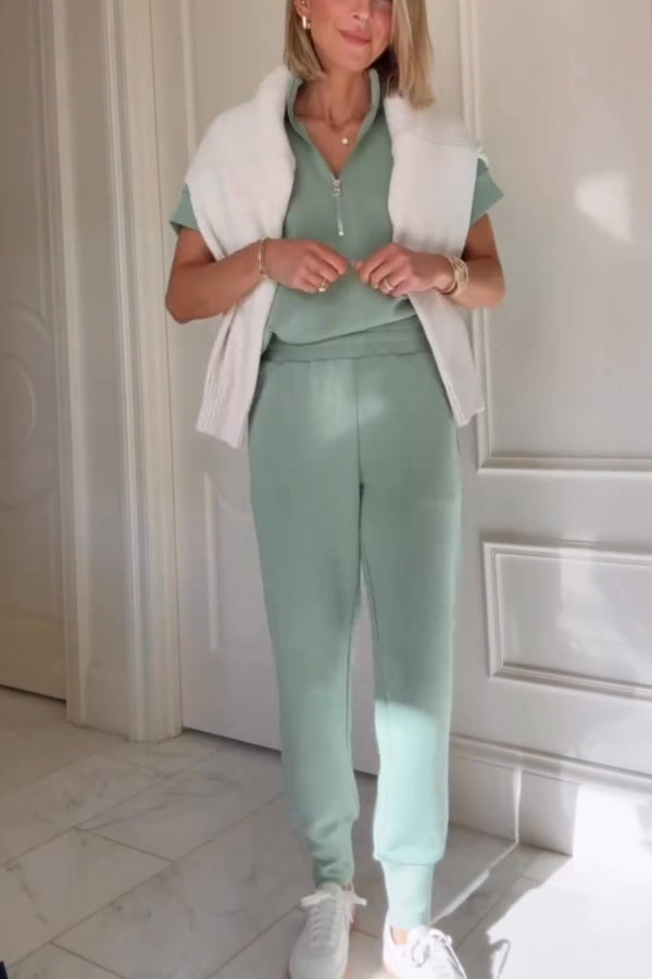 Comfortable and Relaxed Zip-up Short Sleeve Sweatshirt and Elastic Waist Pocket Stretch Pants Set