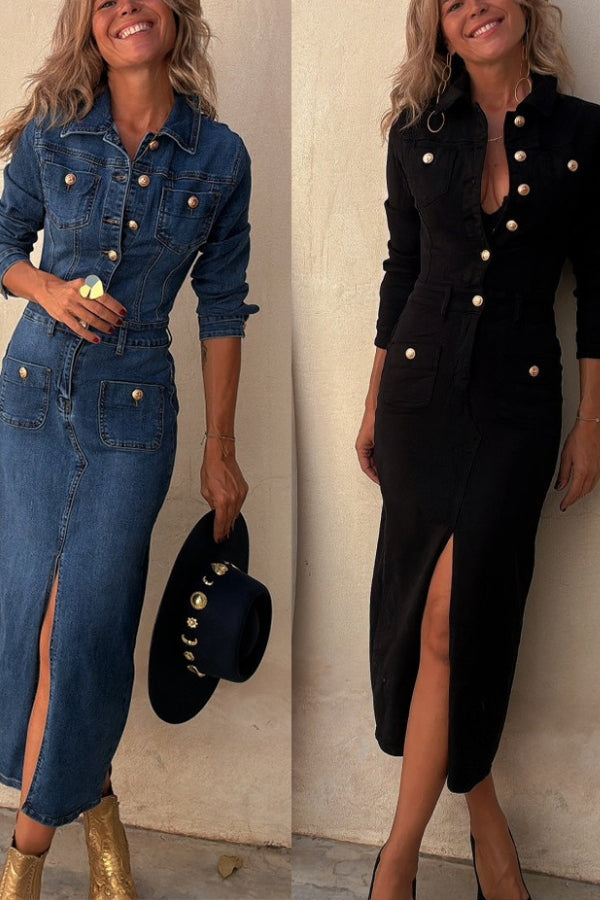 Tessy Denim Metal Button Zipper Shirt Stretch Pencil Slit Midi Dress