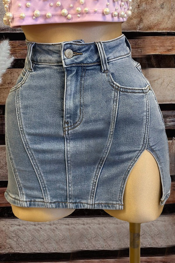 Vintage Washed Denim Slit Mini Skirt