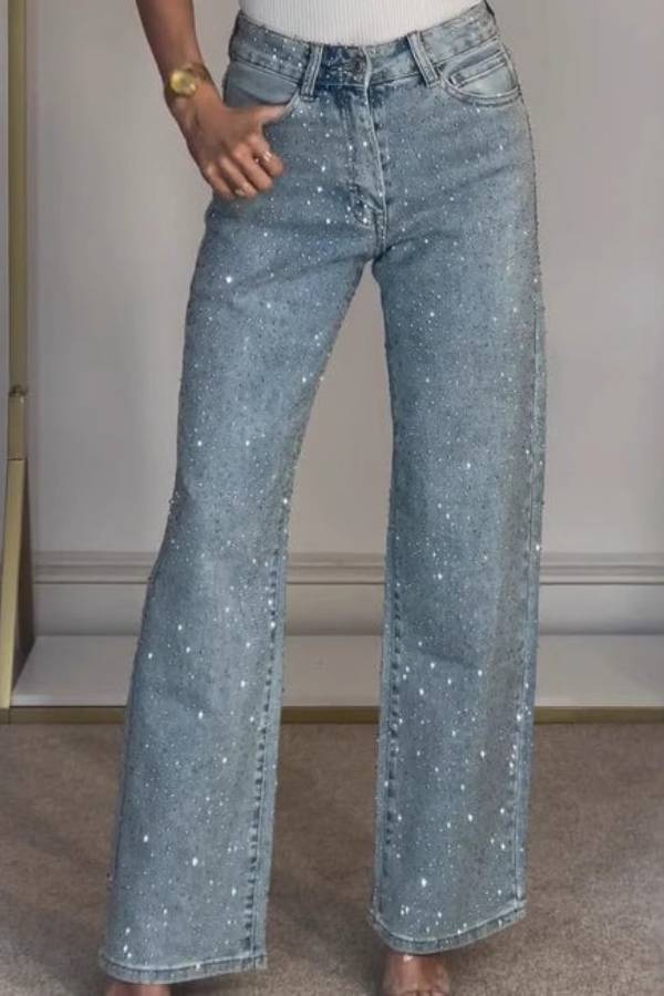 High‑Waisted Full Rhinestone Wide‑Leg Jeans