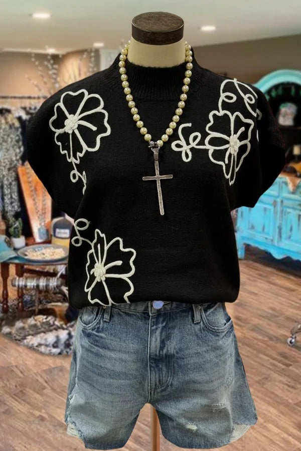 Floral Embroidered Cap Sleeve Sweater Top