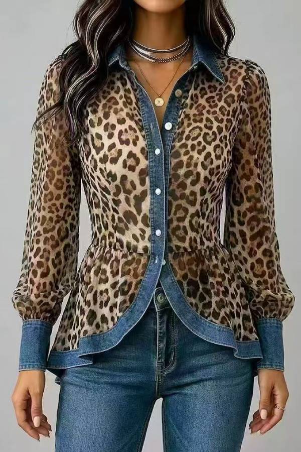 Leopard Print Chiffon Denim Patchwork Waist‑Tucked Shirt
