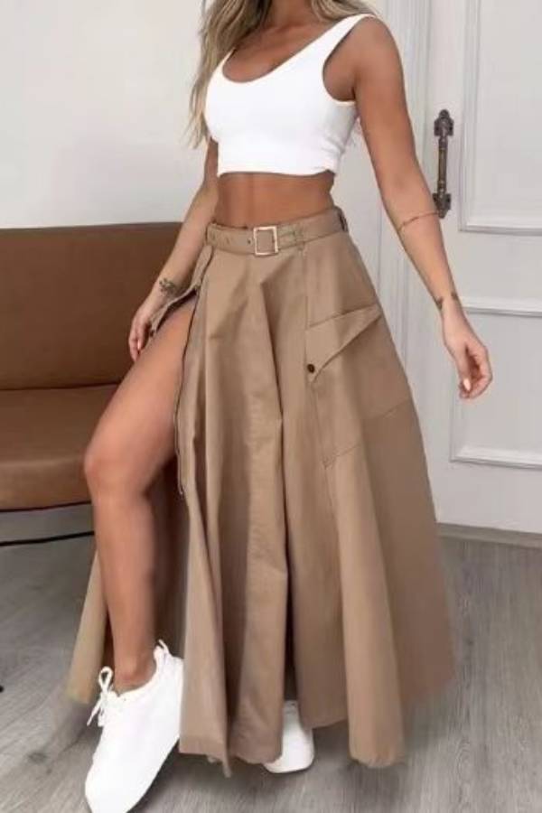 U-Neck Crop Tank Top & Belted Cargo Slit Midi Skirt 2 Piece Set