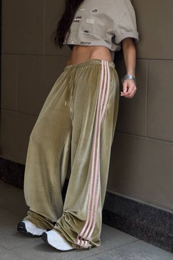 Velvet Wide Leg Pants with 3 Side Stripes
