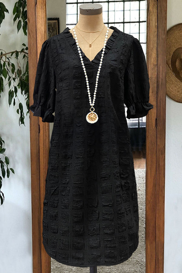 Elegant Puff Sleeve Texture Fabric Stitching V-neck Midi Dress