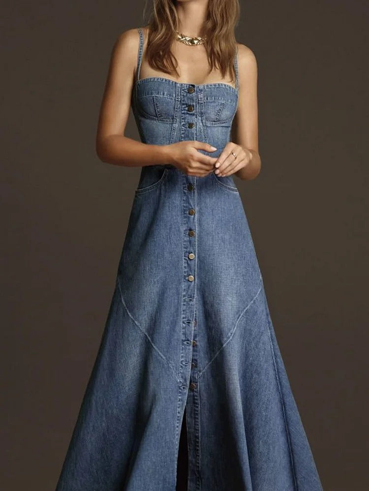 Vintage Plain Square Neck Button Denim Maxi Cami Dress