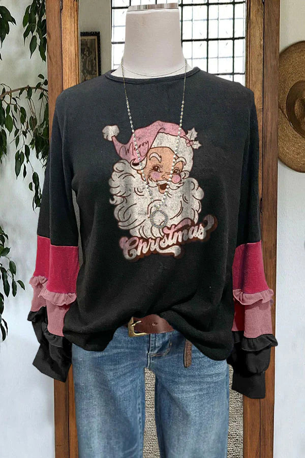 Santa Print Casual Crew Neck Cotton Top