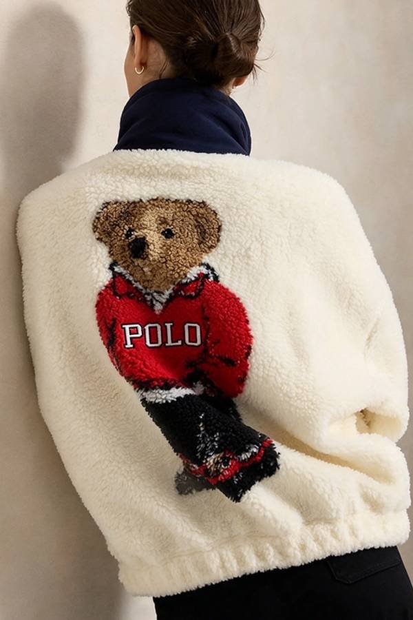 Cute Bear Print Colorblock High-Pile Fleece Zipper High Neck Long Sleeve Pocket Sweatshirts
