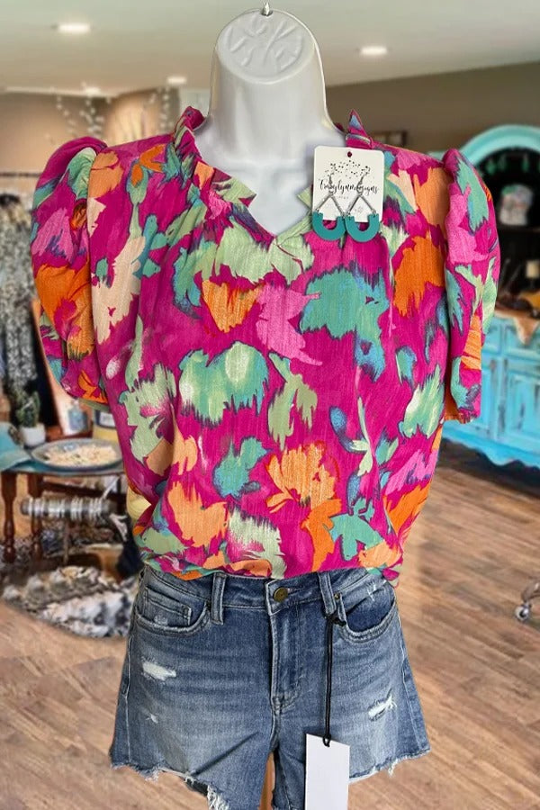 Colorful Print Mock Neck Puff Sleeve Top