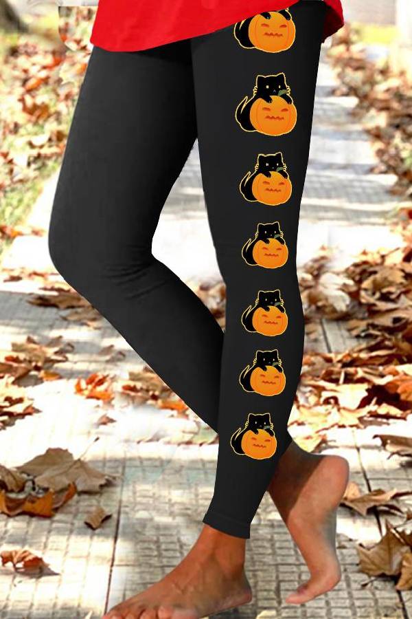 Women's Halloween Pumpkin Print Casual Stretch Pants