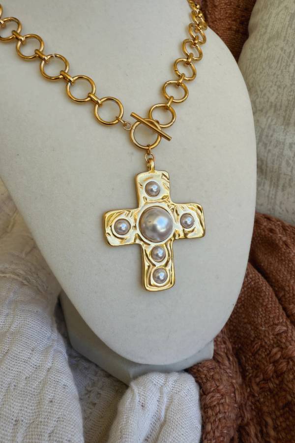 Maya Pearl Cross Necklace Gold
