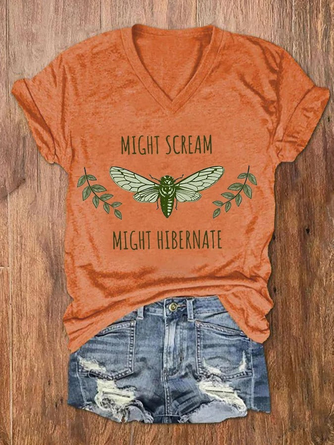 Women's The Great Cicada Comeback Tour 2024 Might Scream Might Hibernate V-Neck Tee