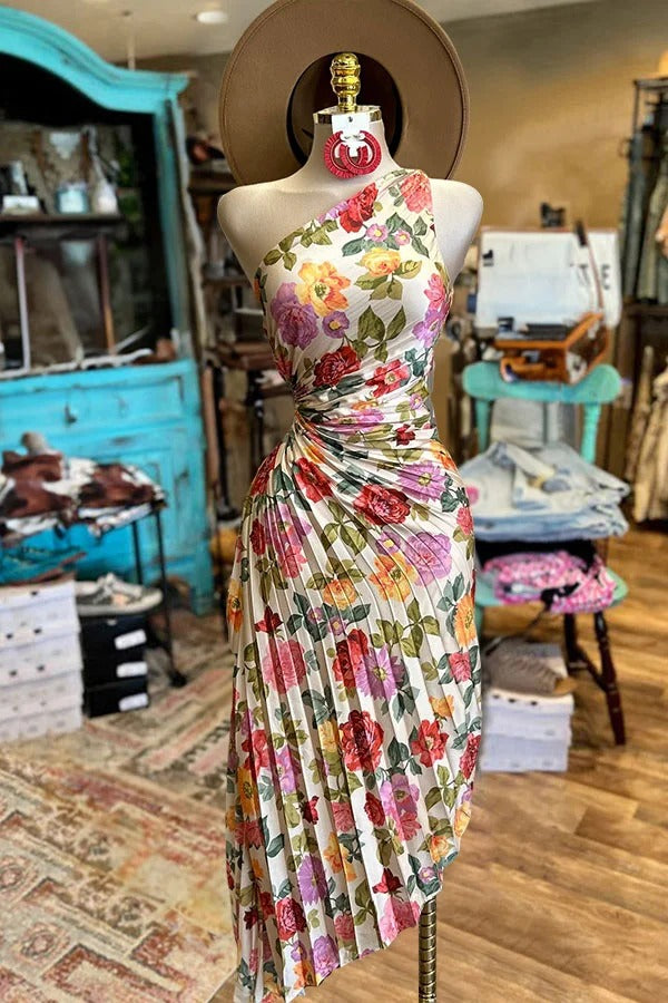 Pretty Floral Print Pleated One Shoulder Dress