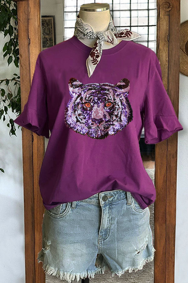 Shiny Tiger Sequined Crew Neck T-shirt