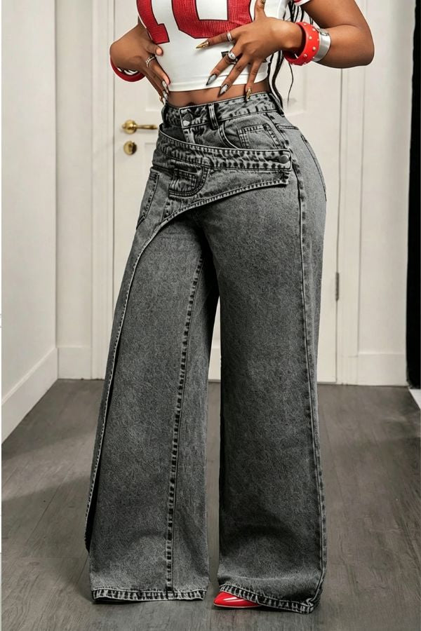 Sense of Design Denim Wrap Button Waist Pocketed Wide Leg Jeans