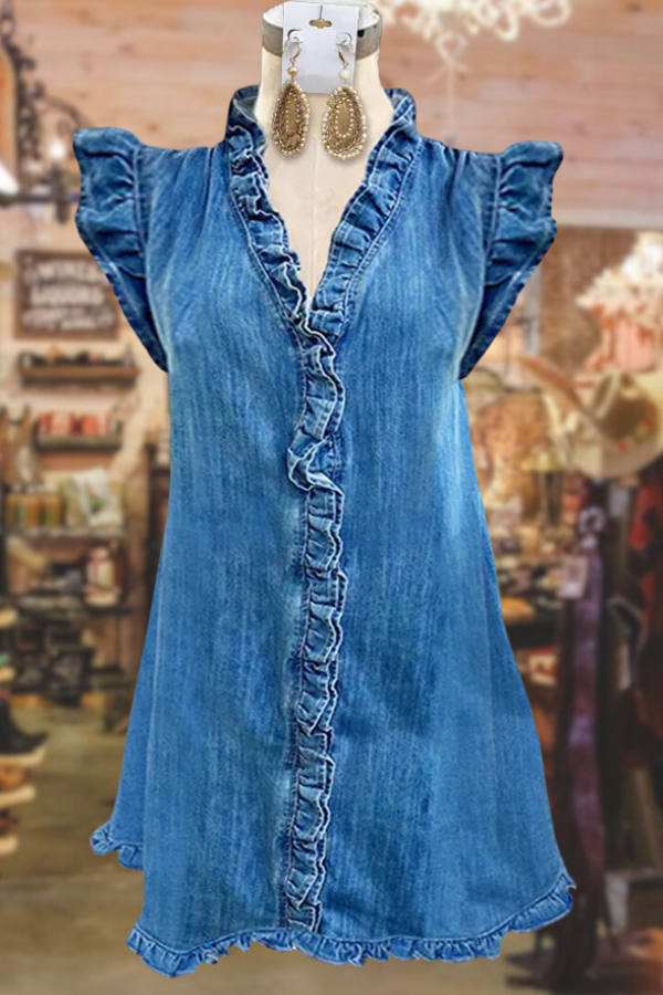 Elegant V-Neck Ruffle Detailed Denim Dress