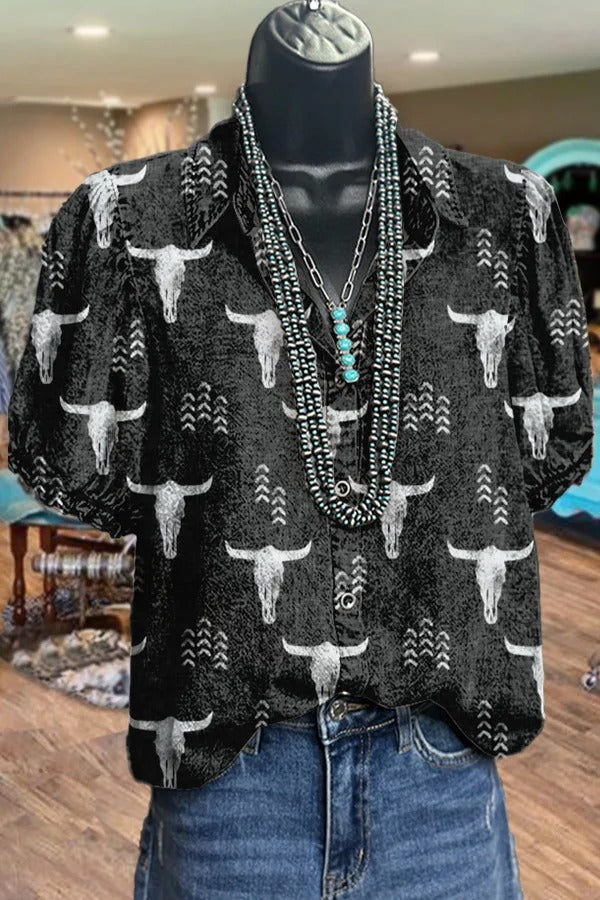 Classic Western Print Puff Sleeve Top
