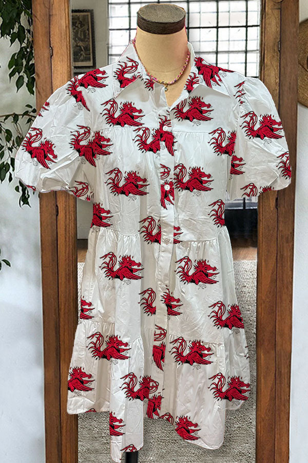 Gamecock Print Pleated Puff Sleeve Dress