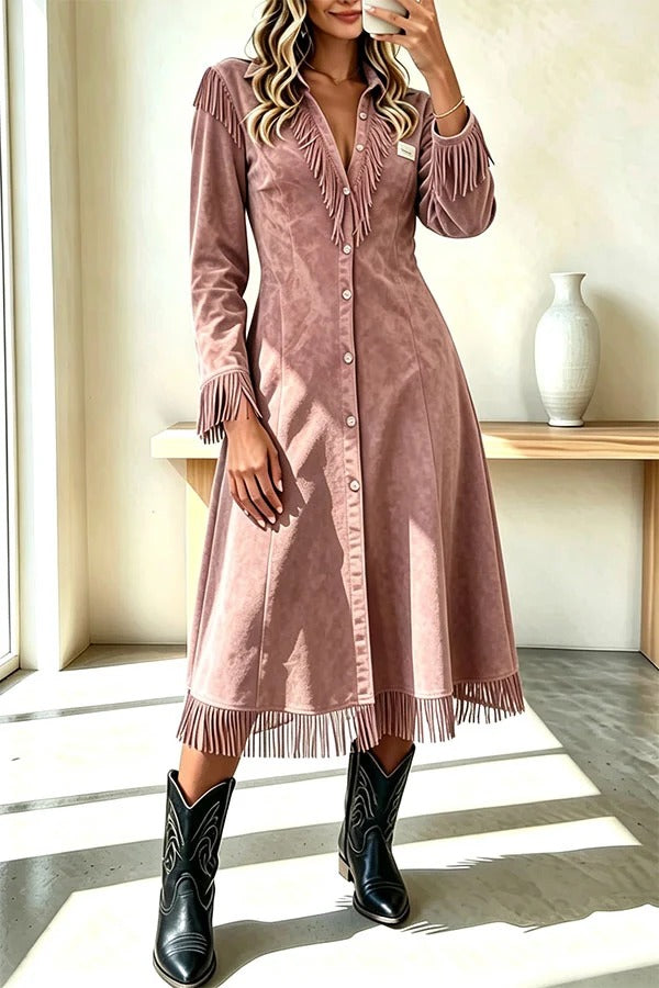 Western Cowboy Style Suede Tassel V-neck Button Long Sleeve Shirt Midi Dress