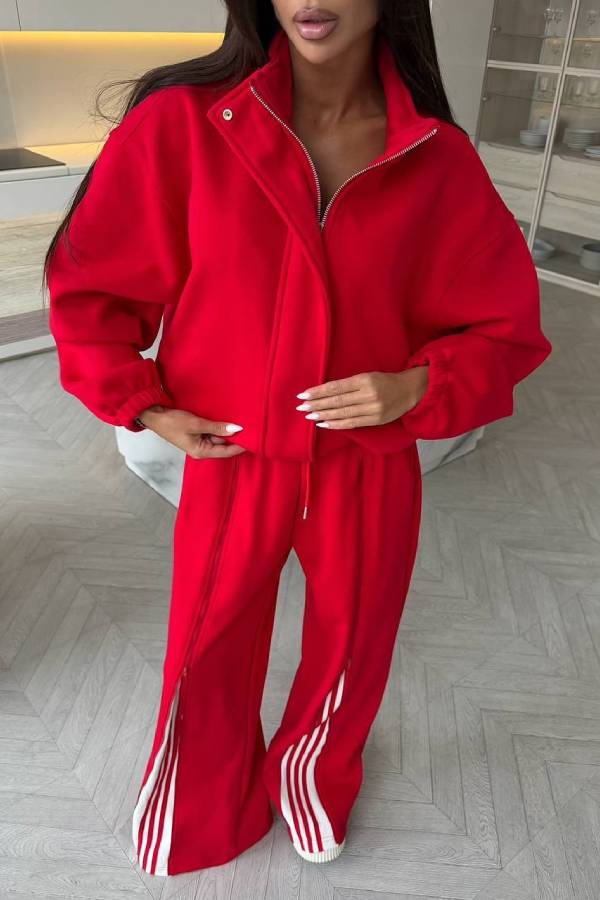Stand‑Collar Zip‑Up Loose Tracksuit Two‑Piece Set