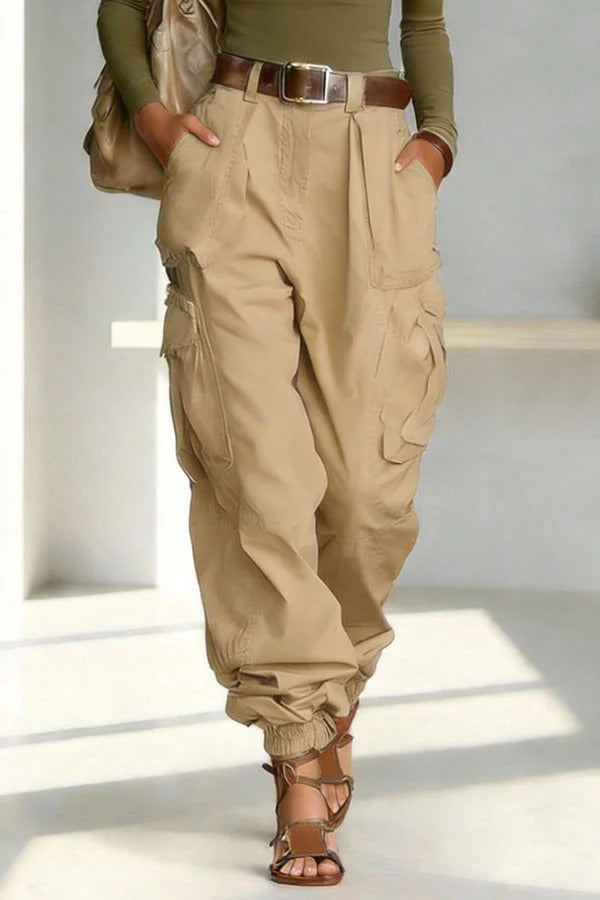 Street Style Solid Color High Waist Pocketed Loose Fit Cargo Pants